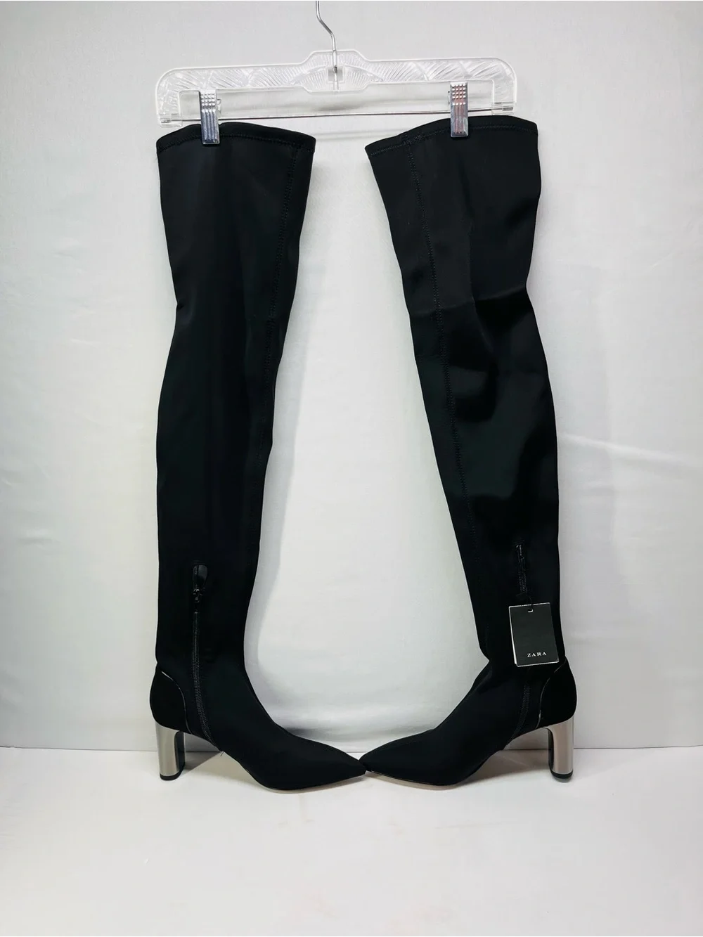 Zara Black Over-the-Knee Stretch Boots with Silver Block Heel